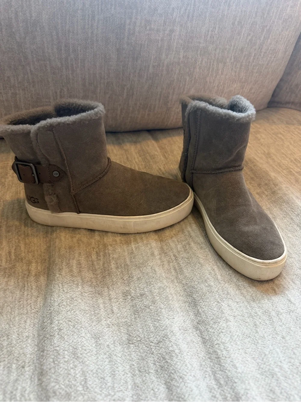 UGG Women's Taupe Suede Shearling Mid-Ankle Booties with Buckle Strap